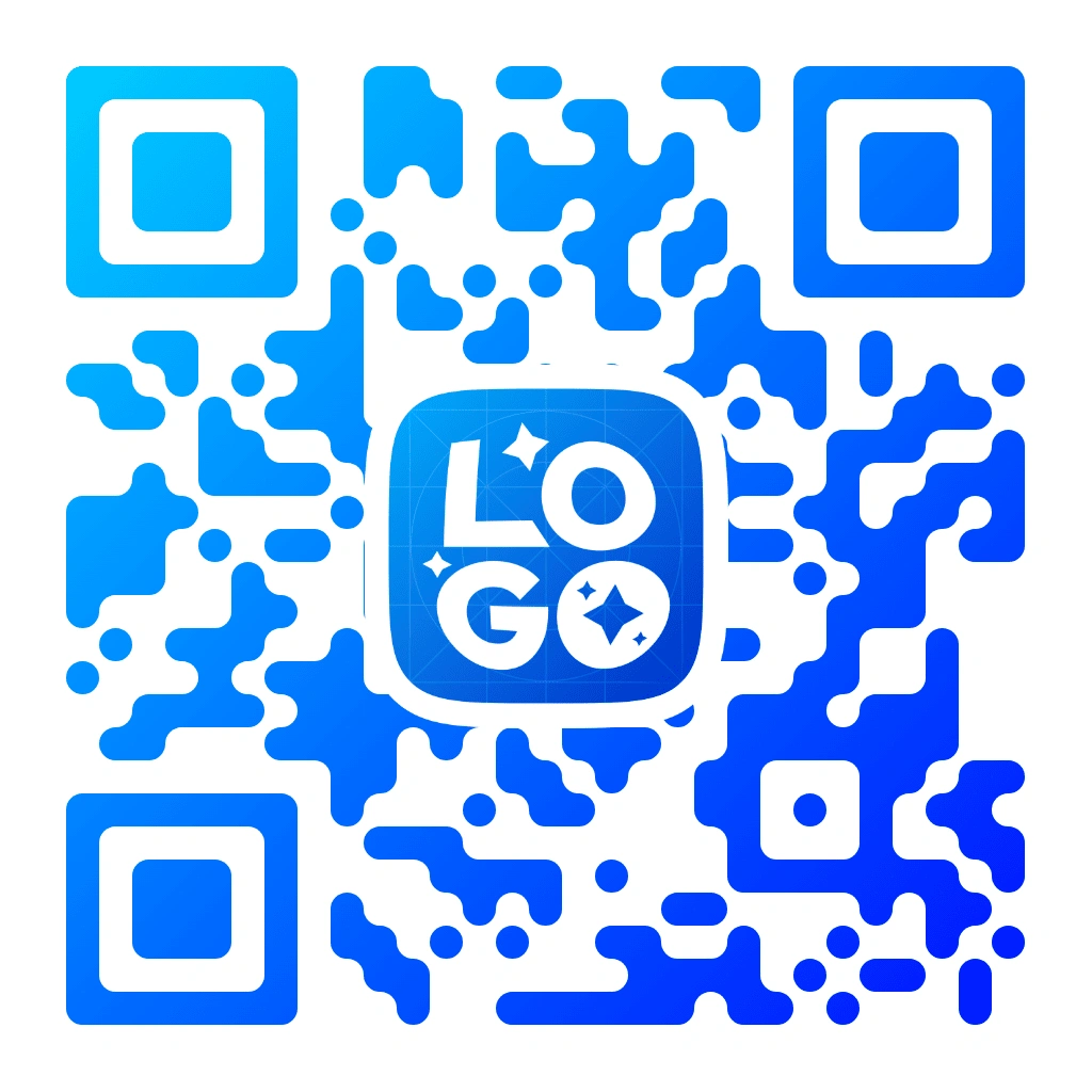 Blue-themed QR code with blue gradient organic pixel pattern on white background, featuring a LOGO text with sparkle icons in a blue rounded square centered, with square corner markers.