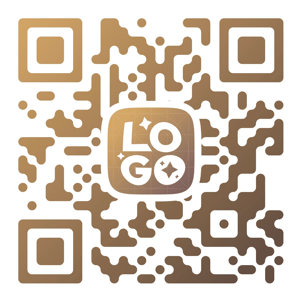 Brown-themed QR code with gold gradient organic pixel pattern on white background, featuring a LOGO text with sparkle icons in a rounded square centered, with square corner markers.