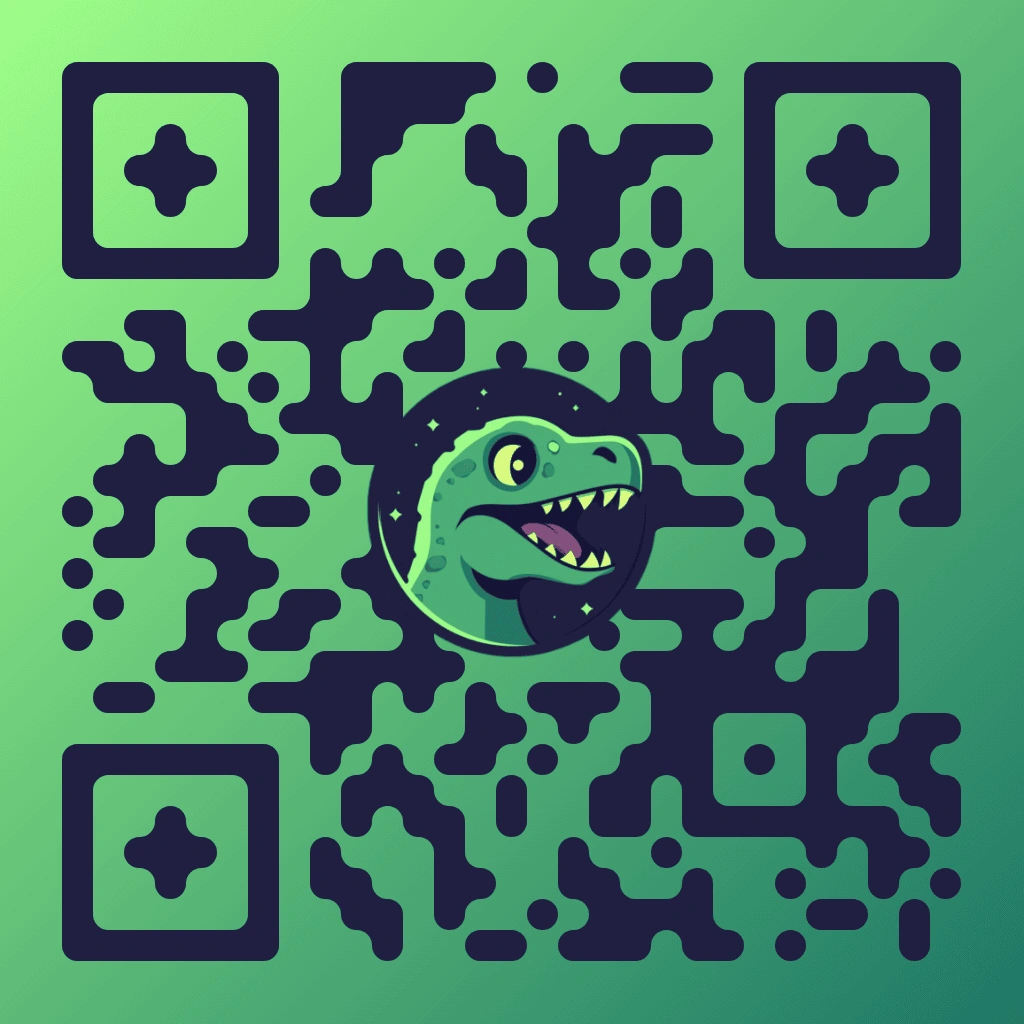 Dinosaur QR code with dark navy organic pixel pattern on a green gradient background, featuring a cartoon T-Rex head in a dark circle centered, with rounded square corner markers and cross-shaped inner dots.