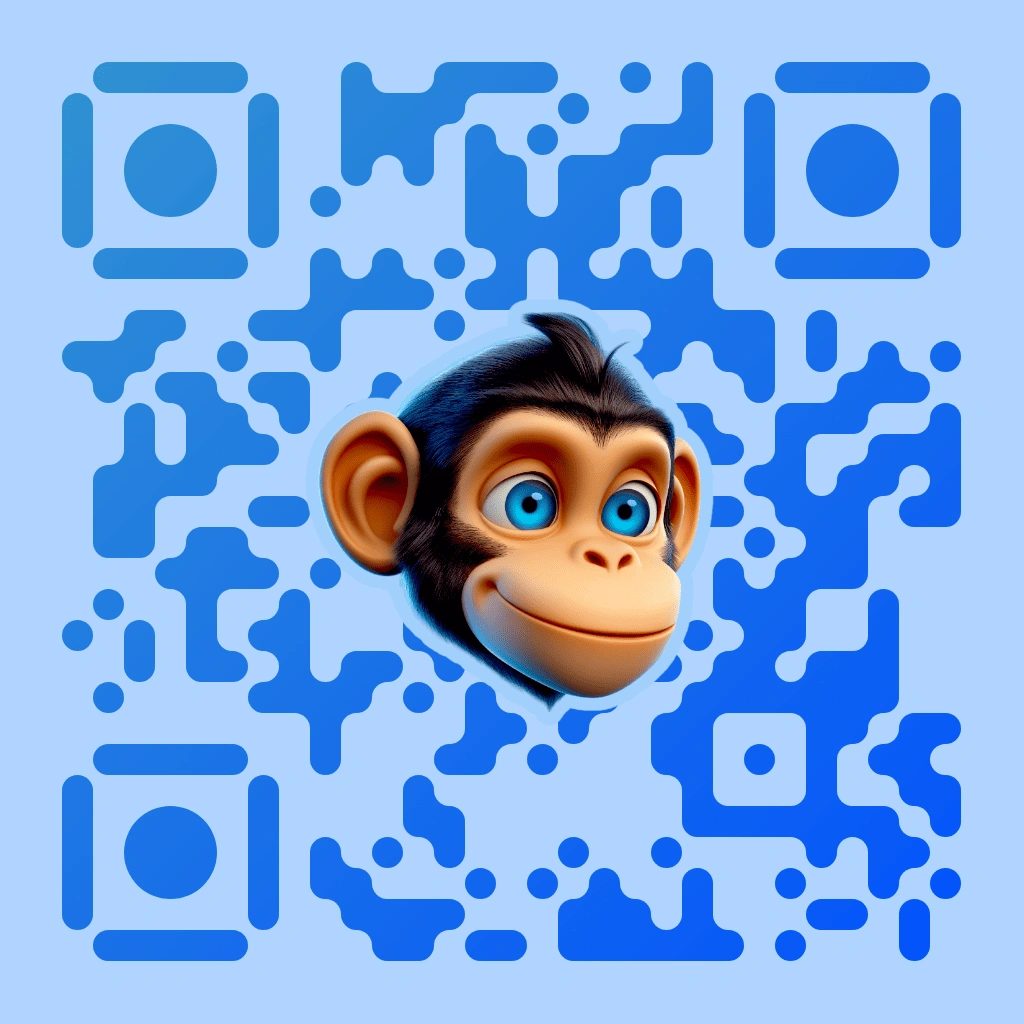 Monkey QR code with blue organic pixel pattern on a light blue background, featuring a 3D cartoon monkey face with blue eyes centered, with rounded square corner markers and circular inner dots.