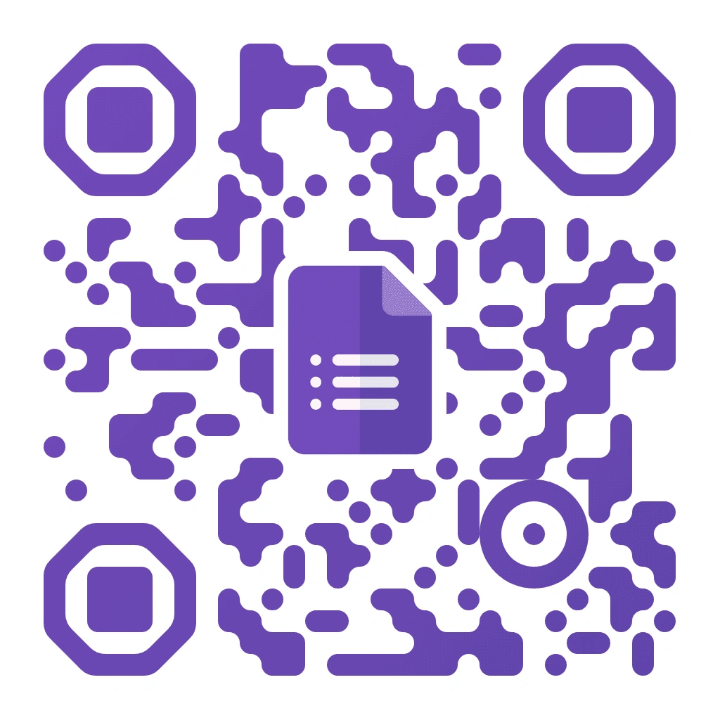Google Forms QR code with purple organic pixel pattern on white background, featuring the Google Forms document icon centered with octagonal corner markers and rounded square inner dots.