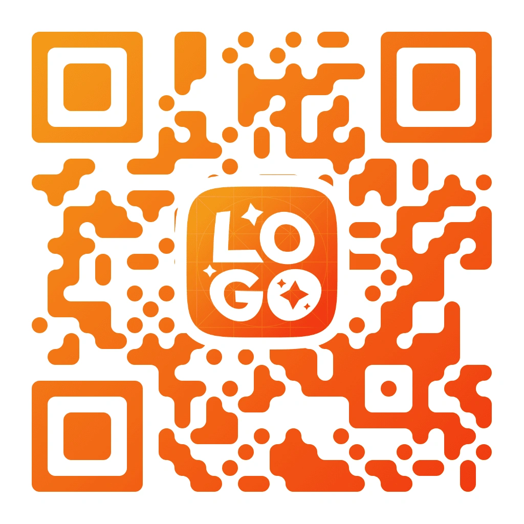 Orange-themed QR code with orange gradient organic pixel pattern on white background, featuring a LOGO text with sparkle icons in an orange rounded square centered, with square corner markers.