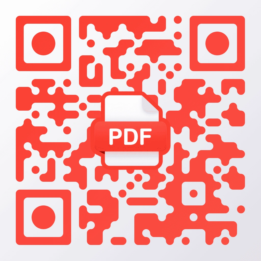 PDF QR code with red organic pixel pattern on a light background, featuring a 3D red PDF file icon with white page centered, with rounded square corner markers and circular inner dots.