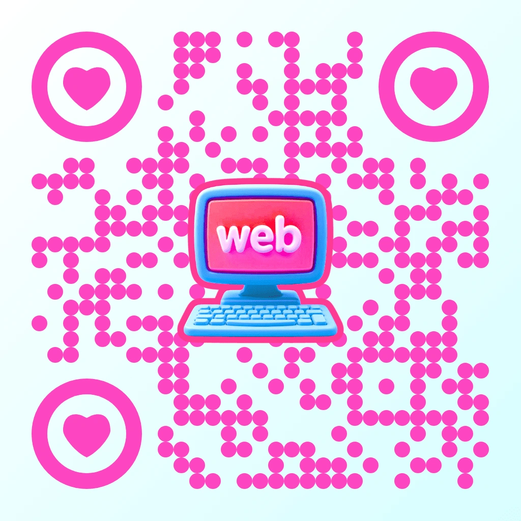 Website QR code with pink dot pattern on a light pink background, featuring a 3D retro cartoon computer with web text on screen centered, with circular corner markers containing heart shapes.