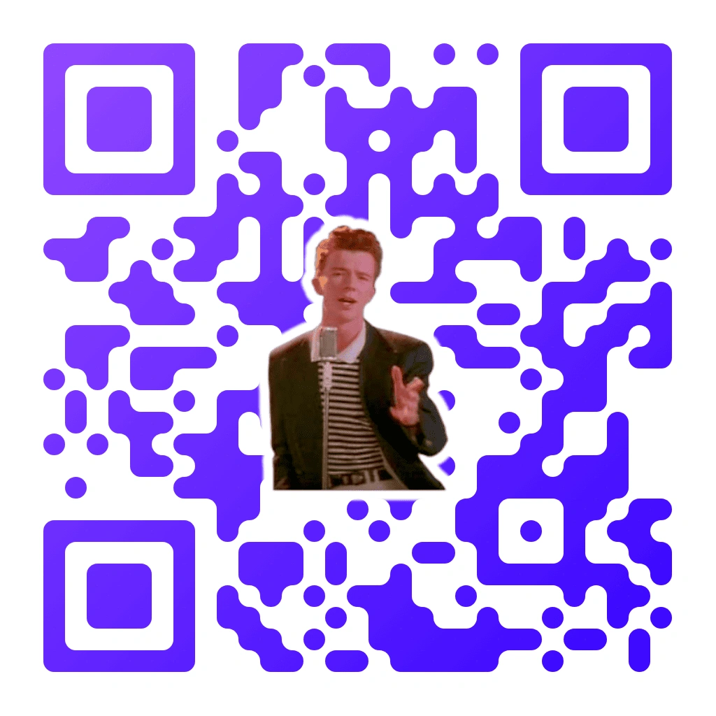 Rickroll QR code with purple organic pixel pattern on white background, featuring a Rick Astley singing photo centered with a glow effect, with rounded square corner markers.