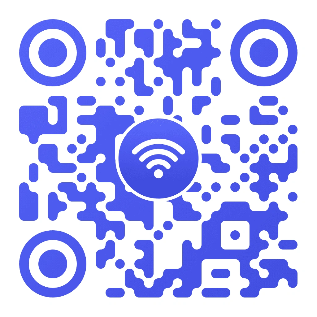 WiFi QR code with purple-blue organic pixel pattern on white background, featuring the WiFi signal icon in a purple-blue circle centered with circular concentric corner markers.