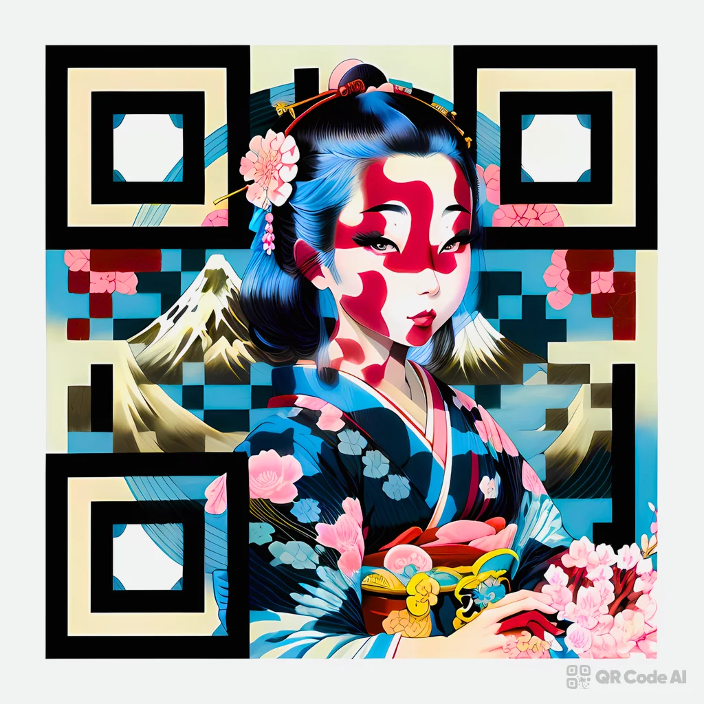 AI-generated geisha QR code art featuring a Japanese woman in a blue kimono with cherry blossoms and Mount Fuji, with red face paint patterns forming a scannable QR code on a light background.
