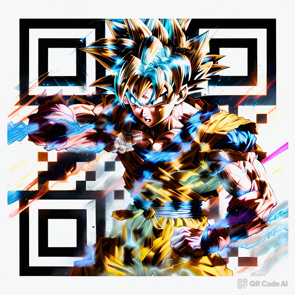 AI-generated Goku Dragon Ball QR code art featuring Super Saiyan transformation with blue and gold hair and energy blast effects woven into a scannable QR pattern on a light background with dark finder patterns.