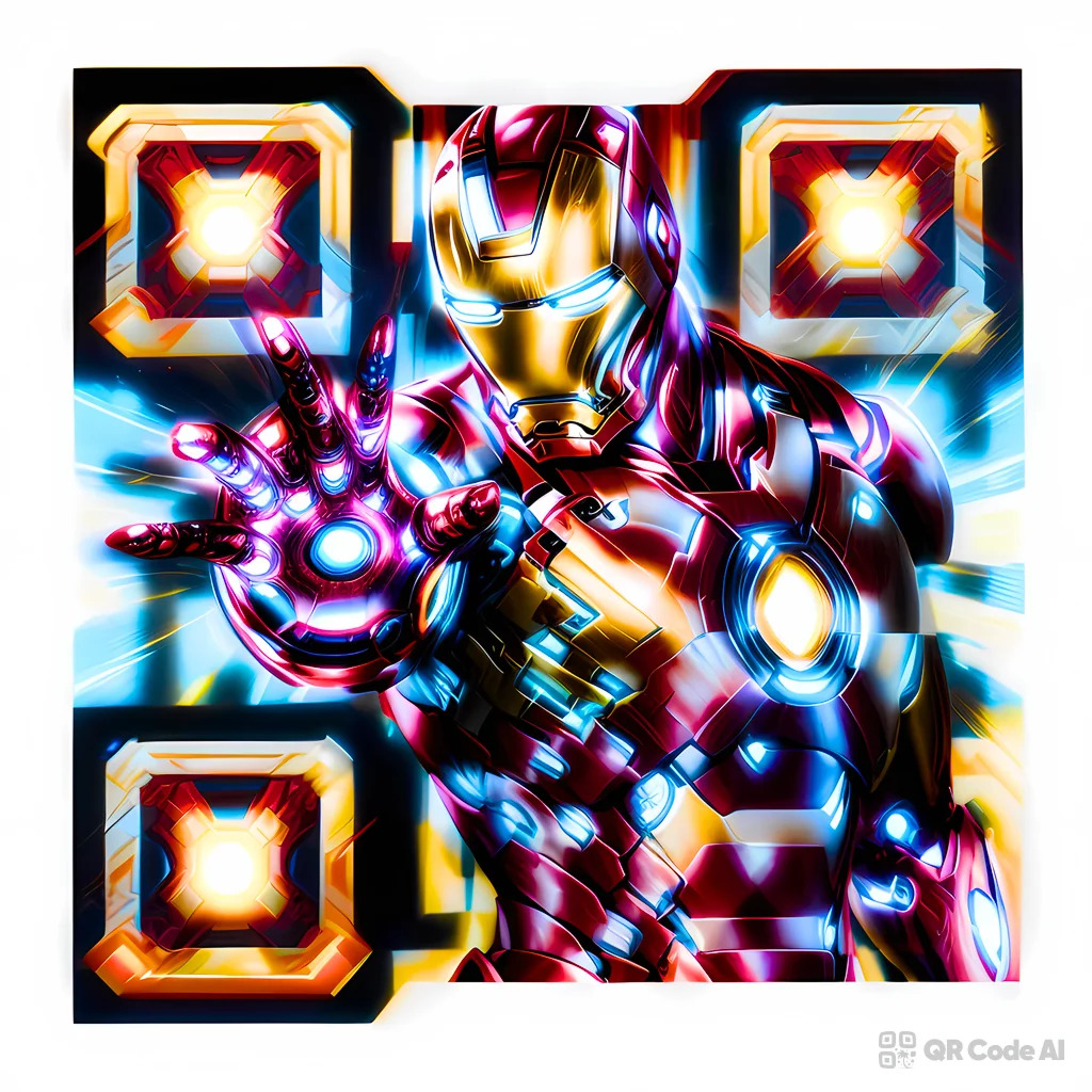 AI-generated Iron Man QR code art featuring the red and gold armor in a full-body power pose with glowing arc reactor, woven into a scannable QR pattern on a light background with red and gold finder patterns.