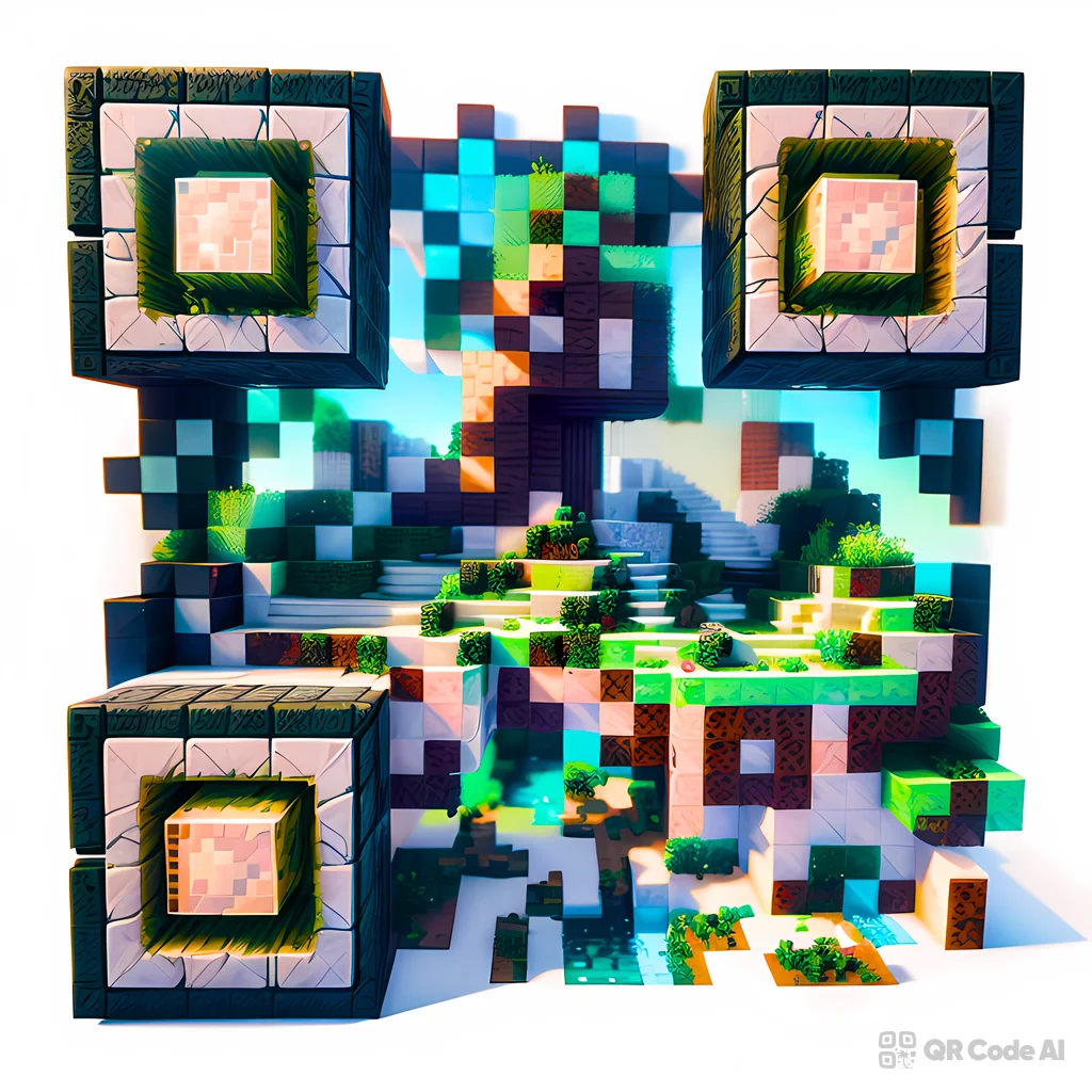 AI-generated Minecraft-style 3D voxel QR code art with green grass blocks, stone, and wood forming a scannable QR pattern on a light background with 3D block finder patterns.