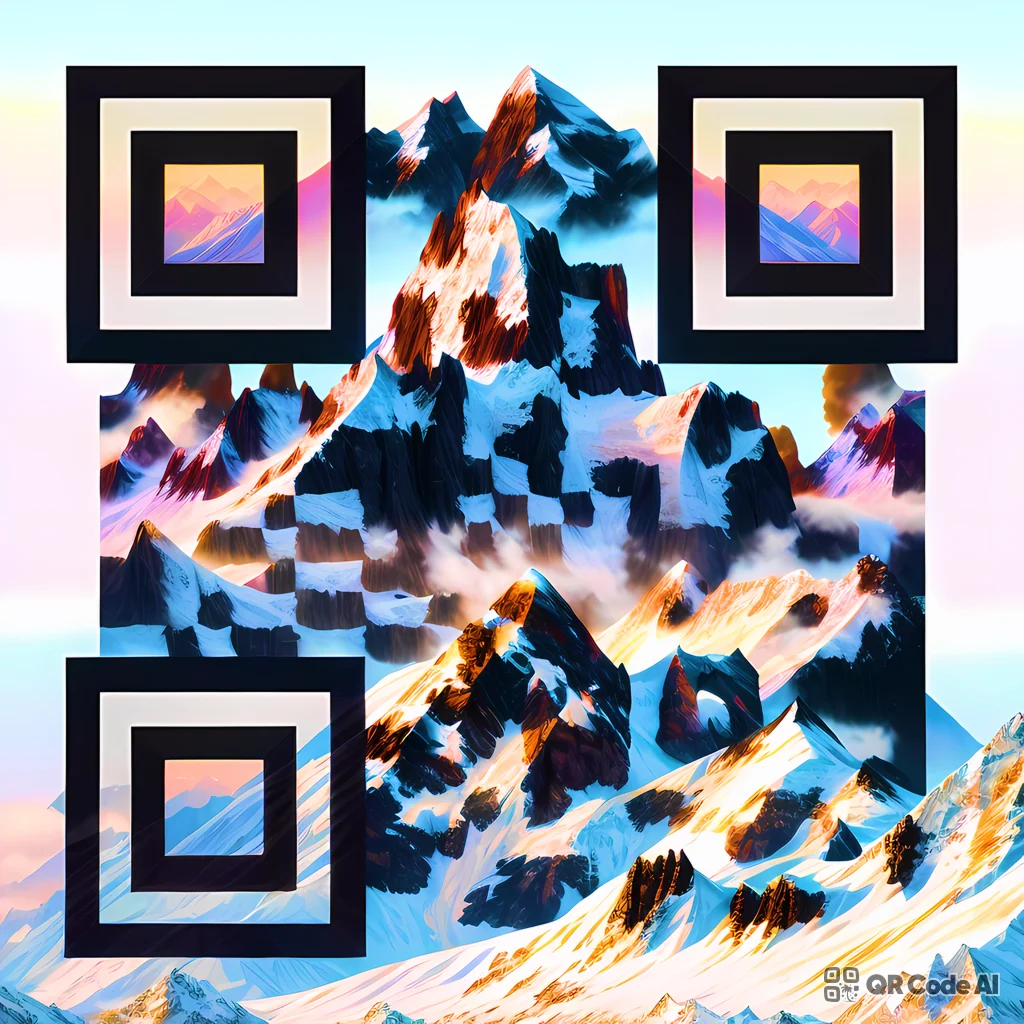 AI-generated mountain snow peaks QR code art with blue and pink snow-covered mountain terrain woven into a scannable QR pattern on a light pastel background, with dark square finder patterns.