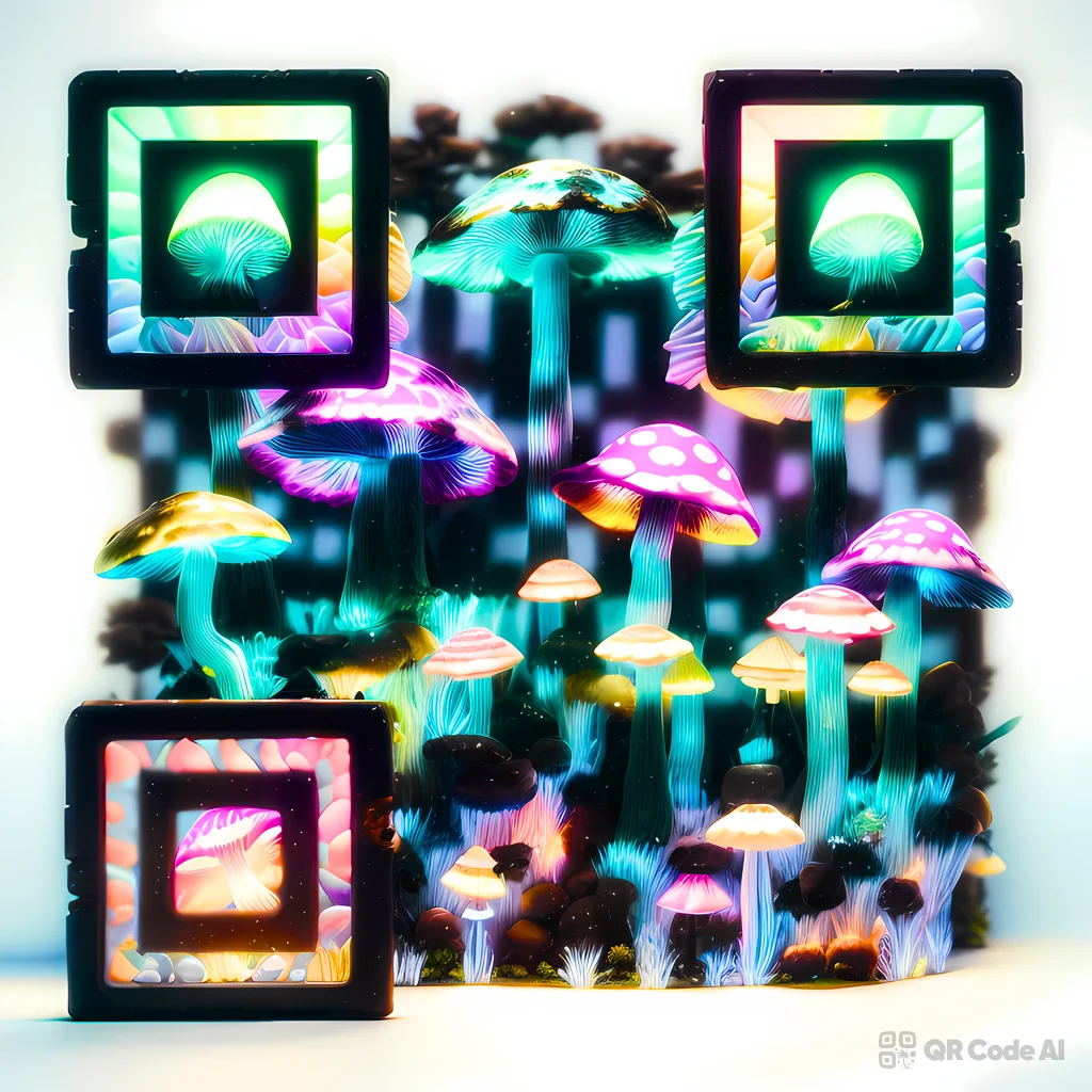 AI-generated neon mushroom QR code art with glowing green, purple, pink, and blue mushrooms in a forest scene woven into a scannable QR pattern on a light background with dark finder patterns.
