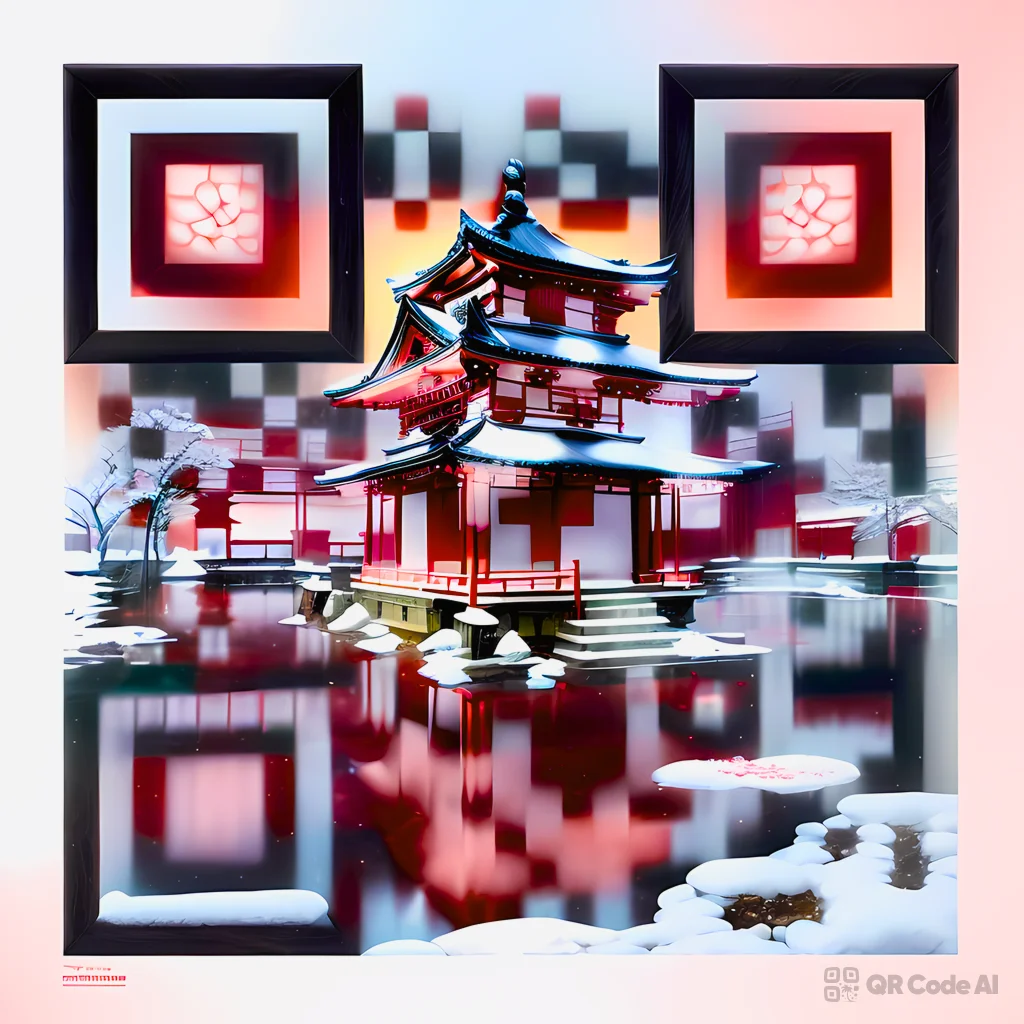 AI-generated snowy red temple QR code art featuring a Japanese pagoda with snow-covered roofs reflected in water, woven into a scannable QR pattern on a light winter background with dark finder patterns.