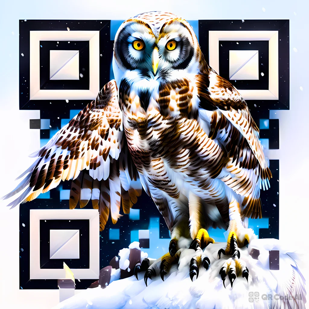 AI-generated winter snow owl QR code art featuring a snowy owl with spread wings perched on a snowy branch, woven into a scannable QR pattern on a light winter background with dark square finder patterns.