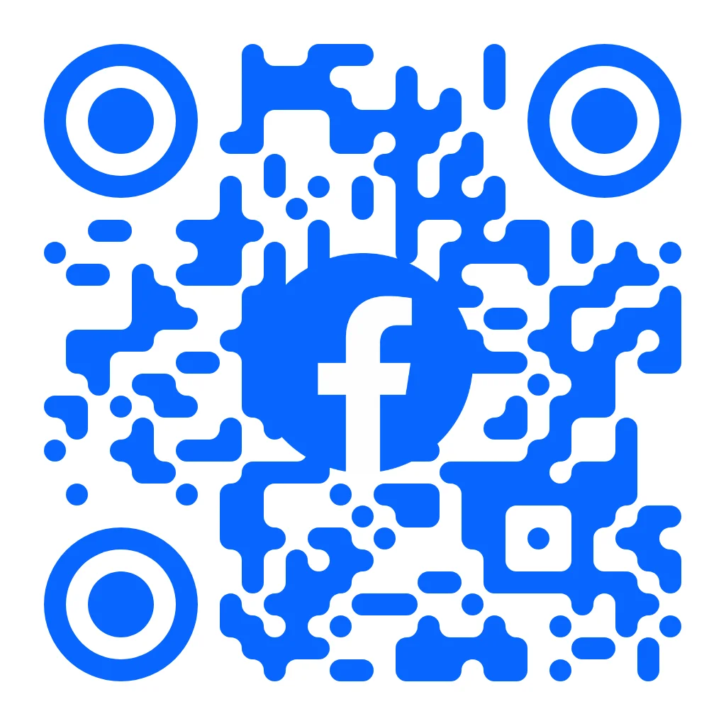 Facebook QR code with blue organic pixel pattern on white background, featuring the Facebook f logo in a blue circle centered with circular concentric corner markers.