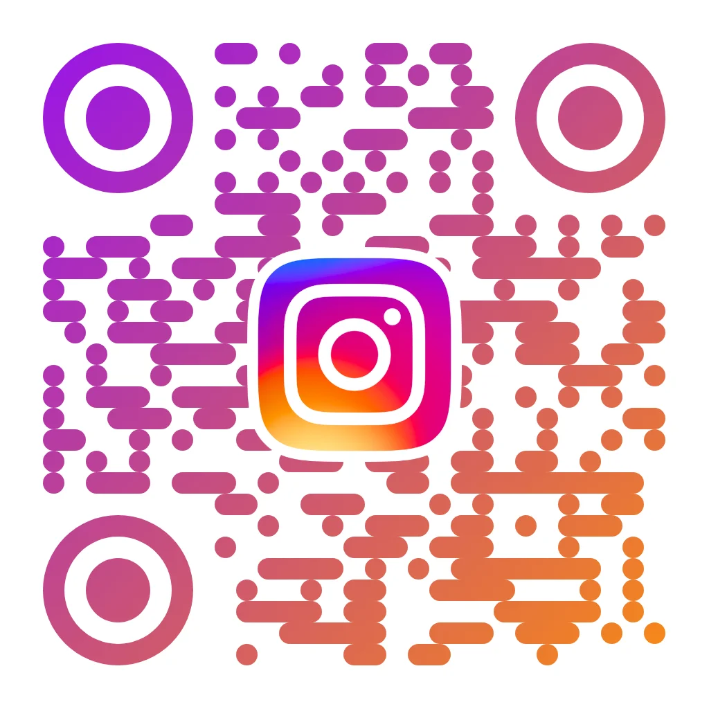 Instagram QR code featuring a purple-to-orange gradient pattern with the Instagram camera icon centered on a white background, using rounded horizontal bar pixel style and circular concentric corner markers.