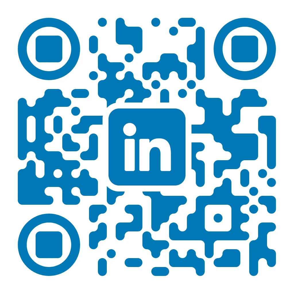 LinkedIn QR code with blue organic pixel pattern on white background, featuring the LinkedIn in logo in a blue rounded square centered with rounded square corner markers.