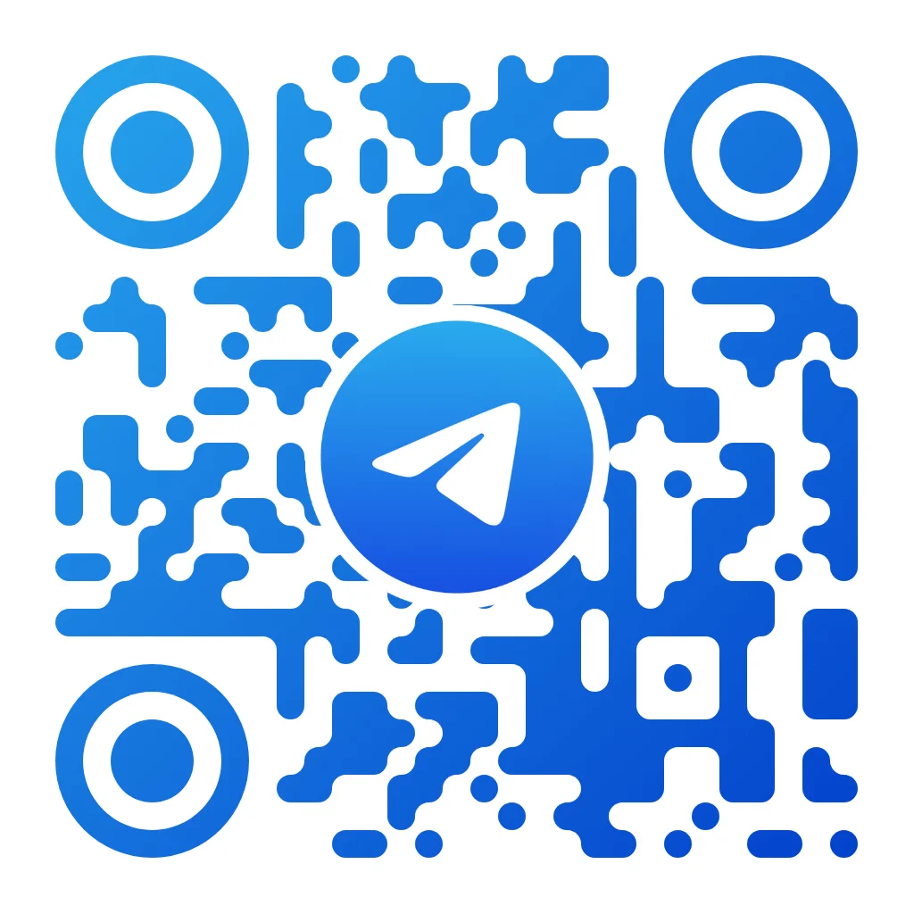Telegram QR code with blue gradient organic pixel pattern on white background, featuring the Telegram paper plane icon in a blue gradient circle centered with circular concentric corner markers.