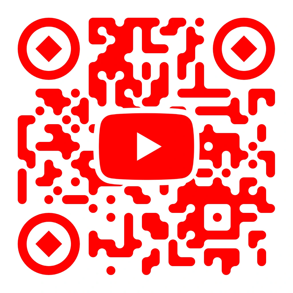YouTube QR code with red organic pixel pattern on white background, featuring the YouTube play button logo centered with circular corner markers and diamond-shaped inner dots.
