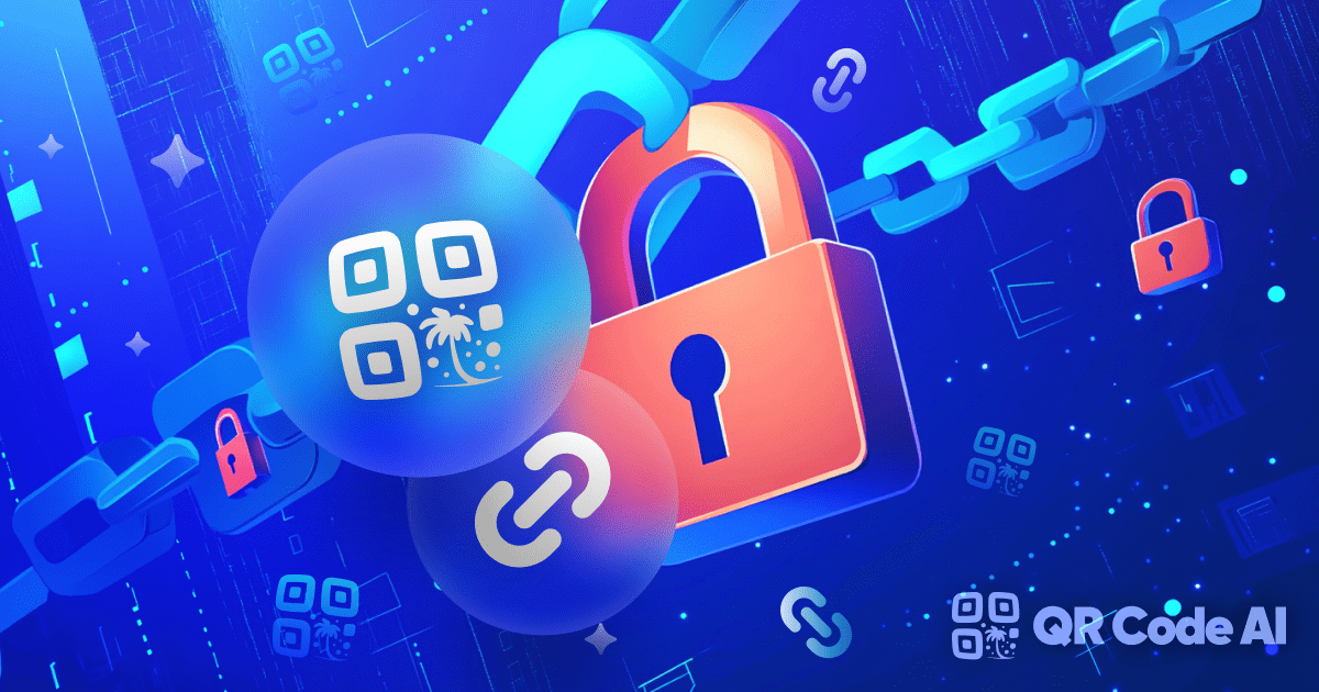 Link and URL icon next to a padlock symbolizing secure URL shortener, with QR codes and chain in a blue digital background. Illustration representing online security.