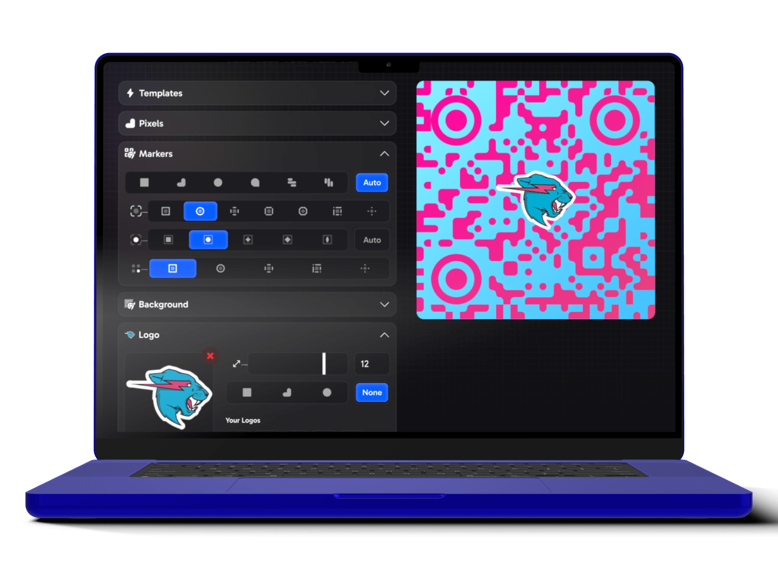 Laptop displaying a custom QR code generator tool with options to add colors, shapes, and logos. The QR code features the blue and pink MrBeast logo in the center.