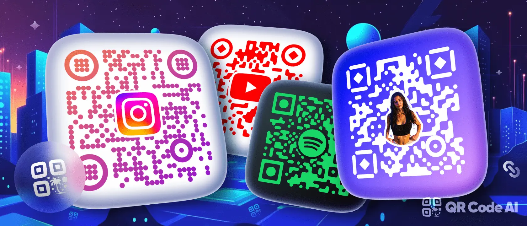 Colorful custom QR codes with logos for Instagram, YouTube, Spotify, and a personalized image in a futuristic digital city background.