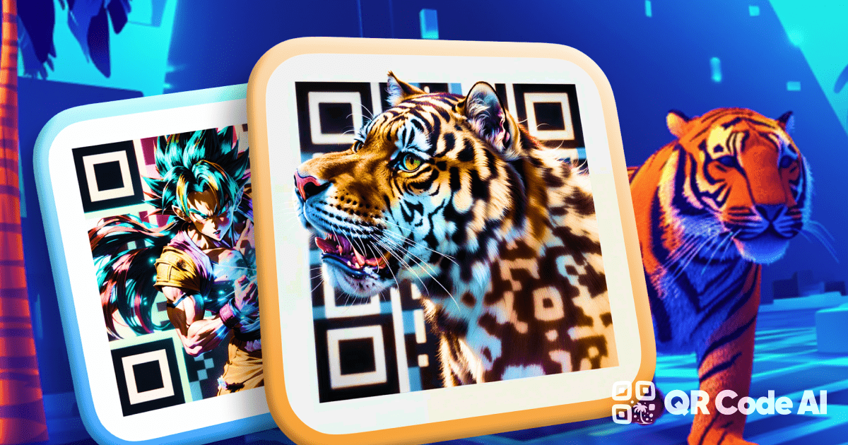 AI-generated QR code art with a detailed, roaring tiger head in golden-orange tones and a Dragon Ball character, set against a vibrant blue futuristic background with scannable QR codes.