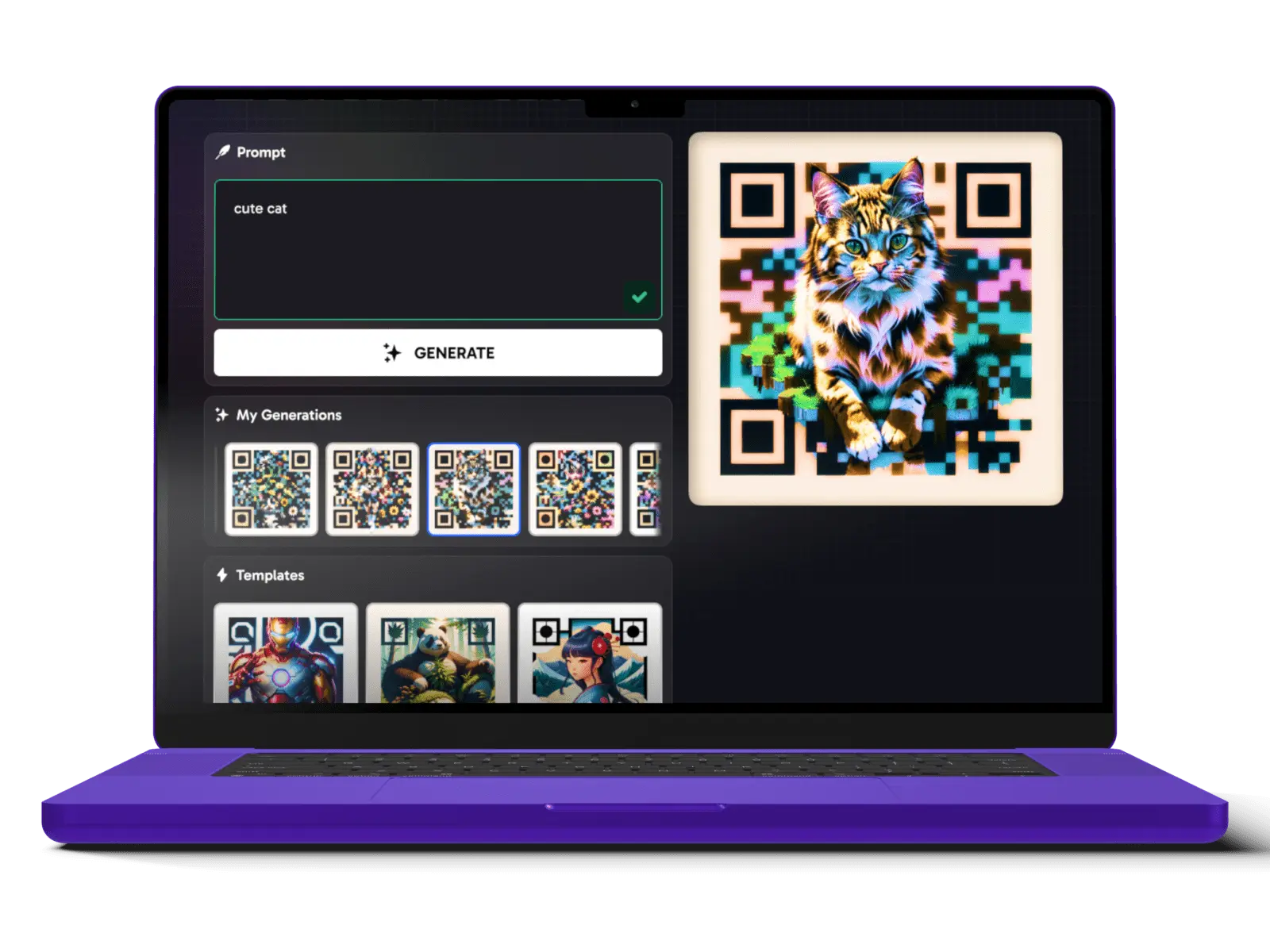 Laptop screen displaying a hidden QR code generator that integrates a cat painting into a scannable quick QR code art. Customizable templates and designs are shown below.