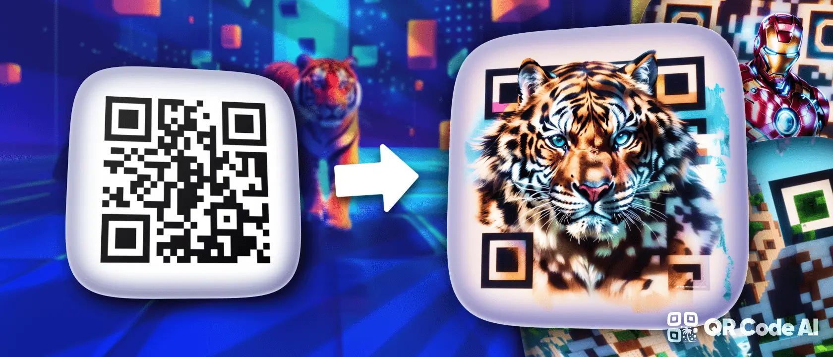 AI-generated hidden QR code transforming into a tiger painting. Black and white QR code to artistic tiger with bold colors, futuristic digital background.